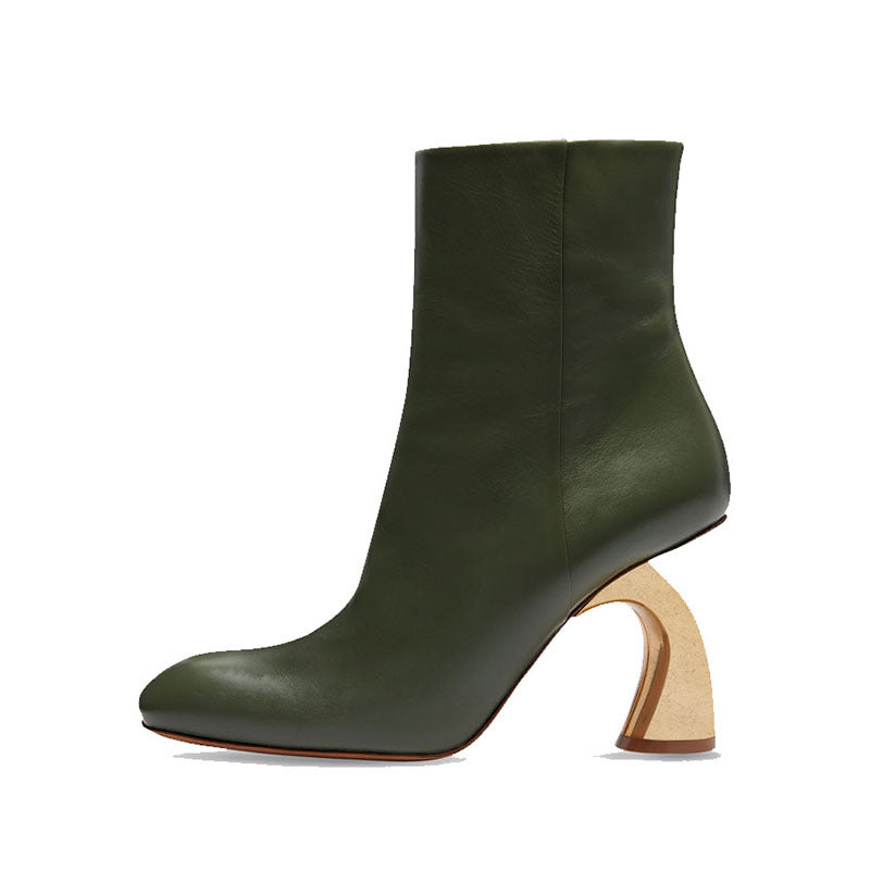 Bottines élégantes à talons hauts et bout carré avec fermeture éclair latérale et détails métalliques uniques | ULZZANG BELLA