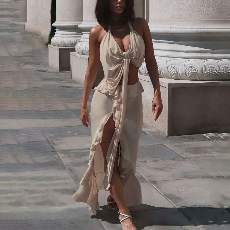 Chic Khaki Halter Tie-Back Crop Top & Slim Skirt Set | ULZZANG BELLA