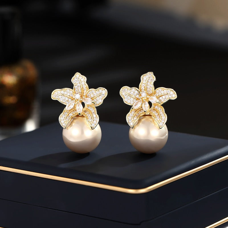 Elegant Pearl Lily Earrings in Gun Black Green, Gold, Silver, and Pink | ULZZANG BELLA