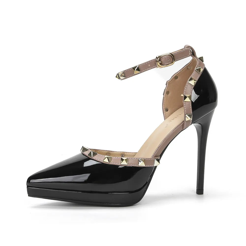 Exquisite Patent Leather Rivet Ankle Strap Stiletto Pumps | ULZZANG BELLA