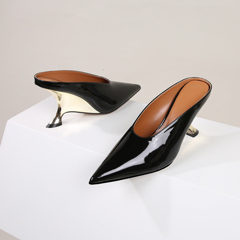 Lustrous Patent Leather High Heeled Slippers | ULZZANG BELLA