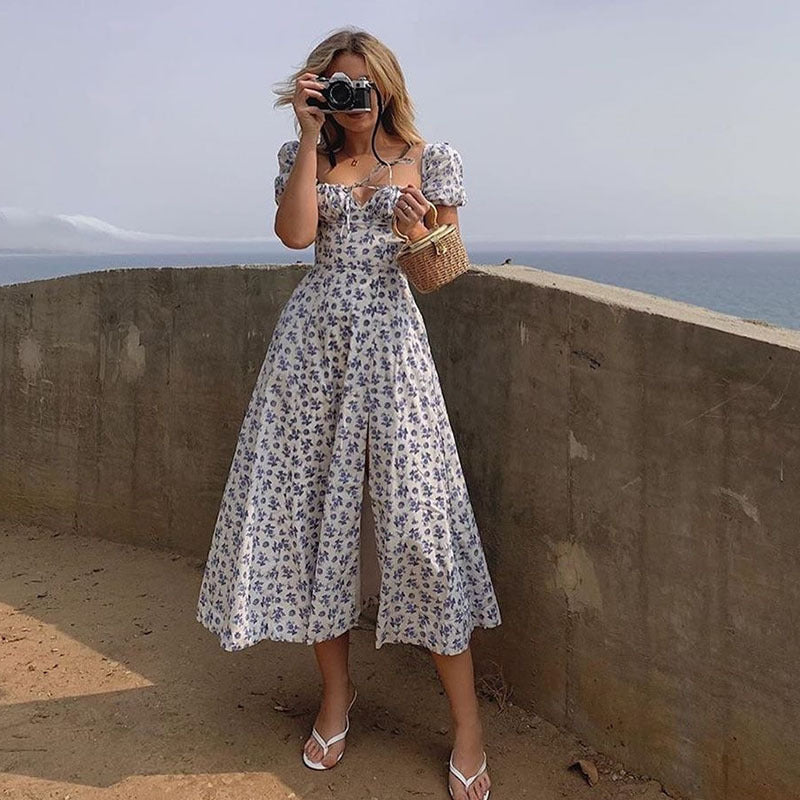 Women's Square Neck Puff Sleeve French Floral Dress Fishbone Large Skirt Holiday Tea Break Skirt
