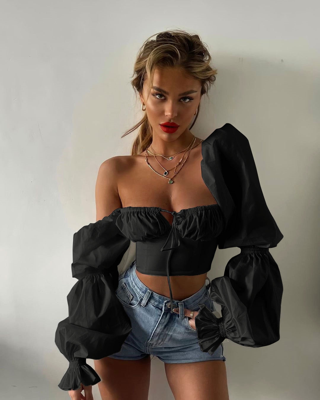 Luxe Lace-Up Puff Sleeve Crop Top for Elegant Styling | ULZZANG BELLA