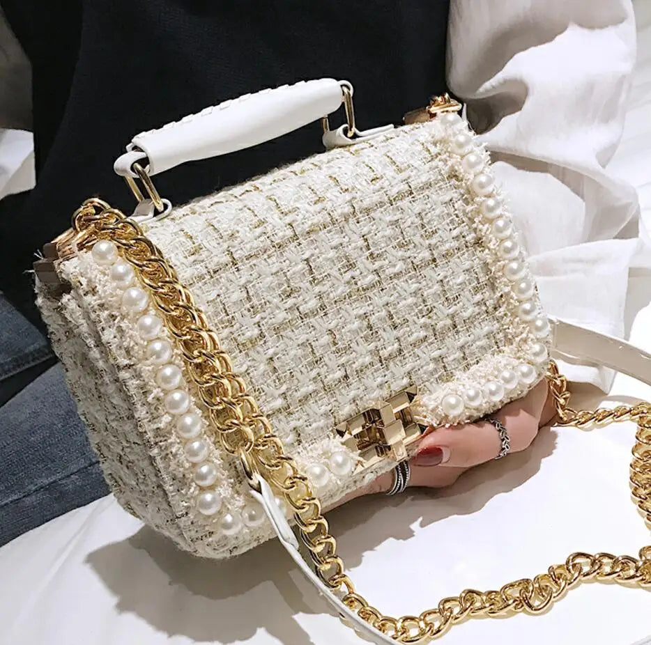 Borsa tote quadrata in lana perlata e sofisticata con dettaglio a catena | ULZZANG BELLA
