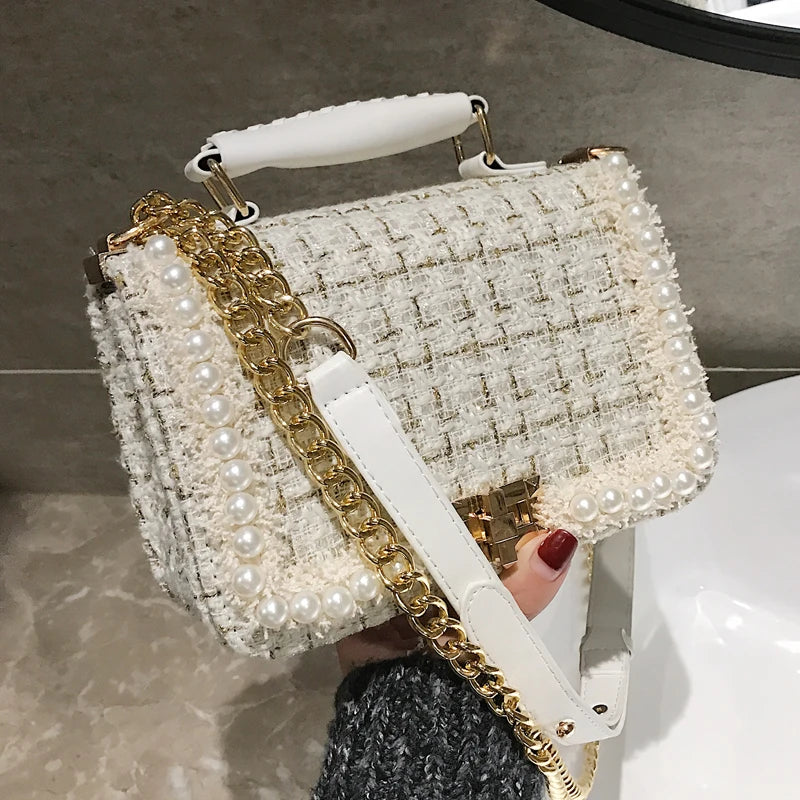 Borsa tote quadrata in lana perlata e sofisticata con dettaglio a catena | ULZZANG BELLA