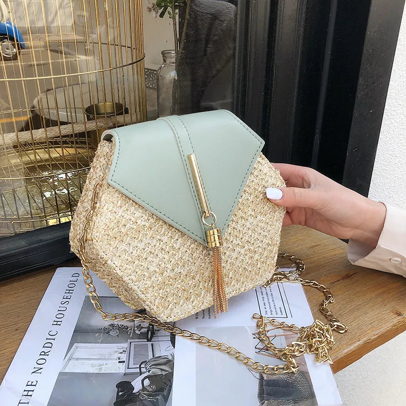 Borsa a tracolla in rattan fatta a mano in stile bohémien chic con dettagli in nappa | ULZZANG BELLA