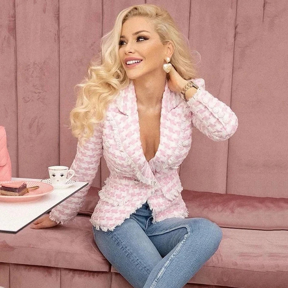 Sophisticated Double-Breasted Blush Blazer for Woman | ULZZANG BELLA