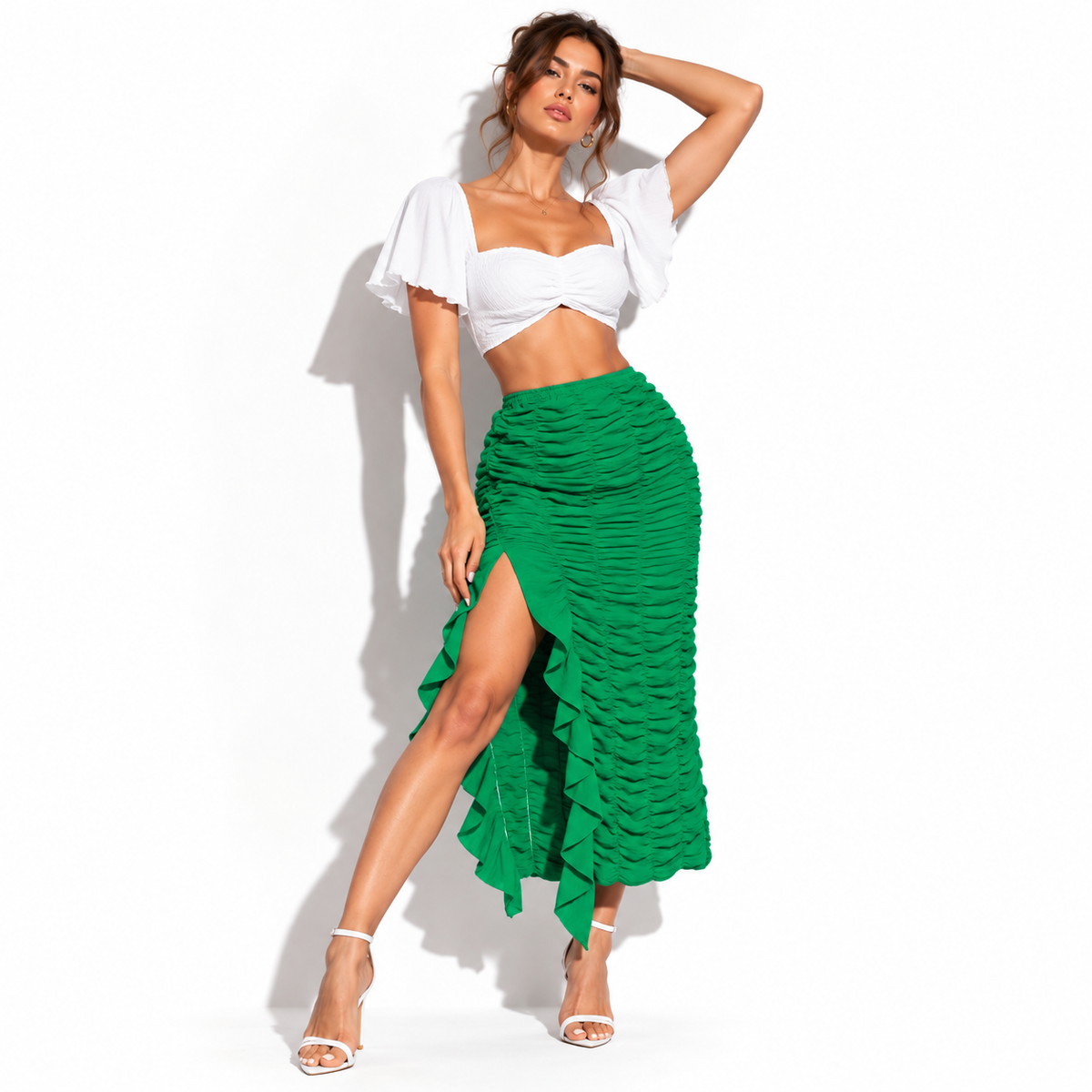 ULZZANG BELLA Emerald Green Midi Skirt - Effortless Elegance