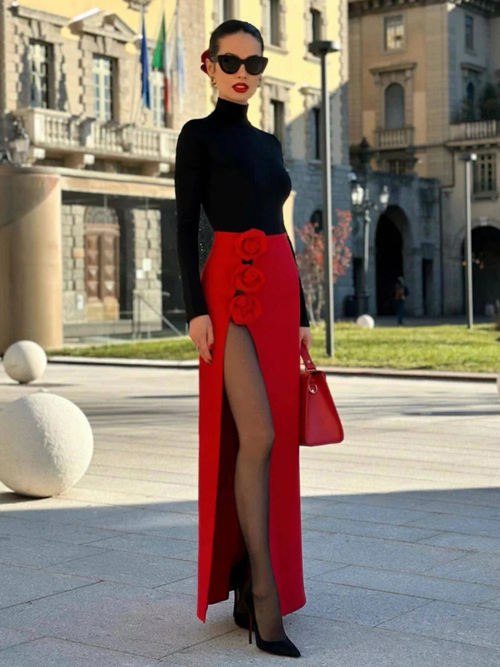 Lussuosa gonna lunga con spacco alto e motivo floreale 3D rosso per un'eleganza squisita | ULZZANG BELLA
