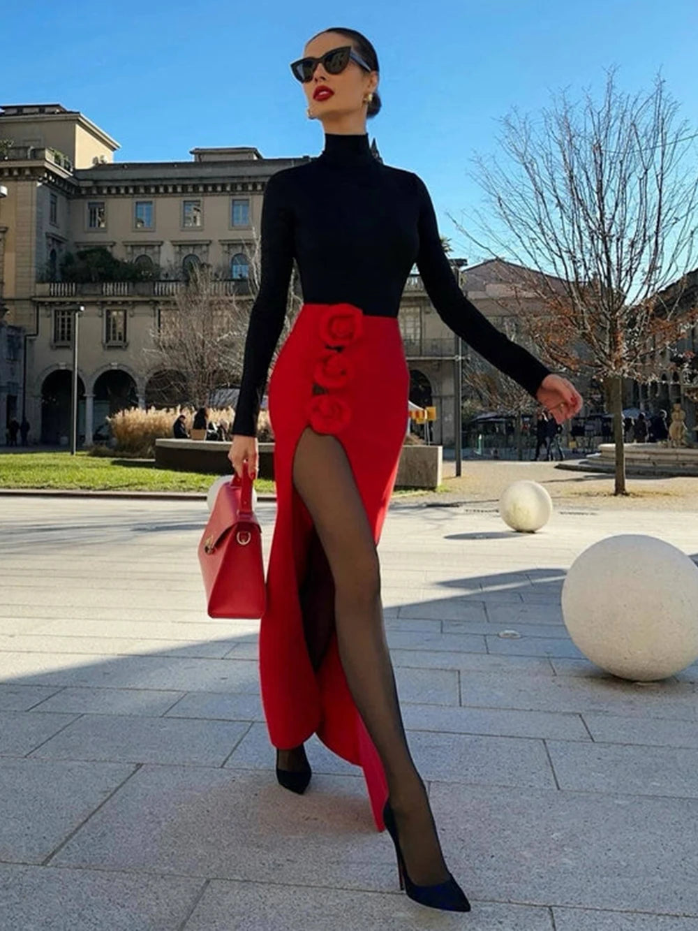 Lussuosa gonna lunga con spacco alto e motivo floreale 3D rosso per un'eleganza squisita | ULZZANG BELLA