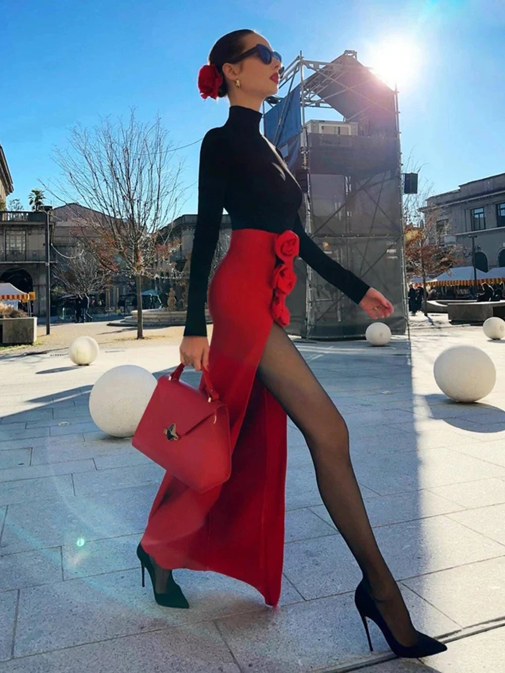 Lussuosa gonna lunga con spacco alto e motivo floreale 3D rosso per un'eleganza squisita | ULZZANG BELLA