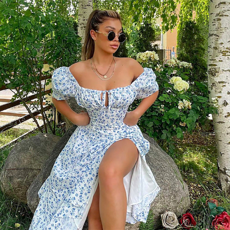 Floral Elegance Midi Dress with Puff Sleeves and Large Swing Skirt | ULZZANG BELLA