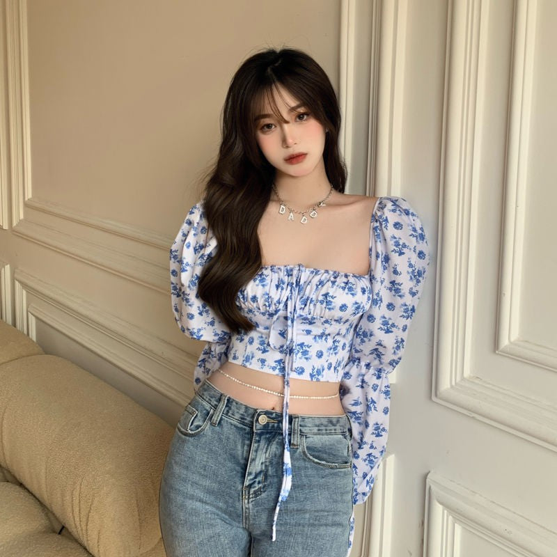Fragmented Floral Chiffon V-Neck Top with Bubble Sleeves | ULZZANG BELLA