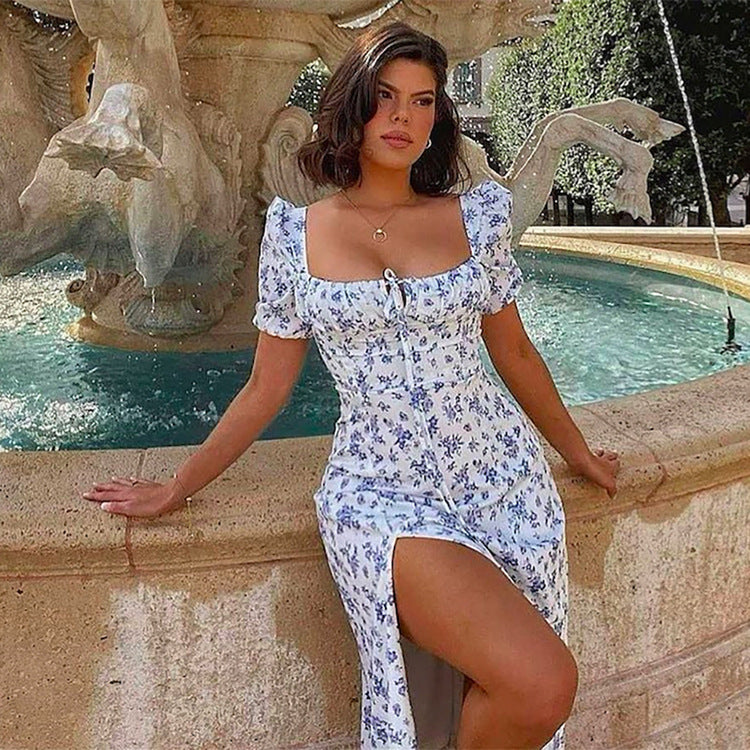 Floral Elegance Midi Dress with Puff Sleeves and Large Swing Skirt | ULZZANG BELLA