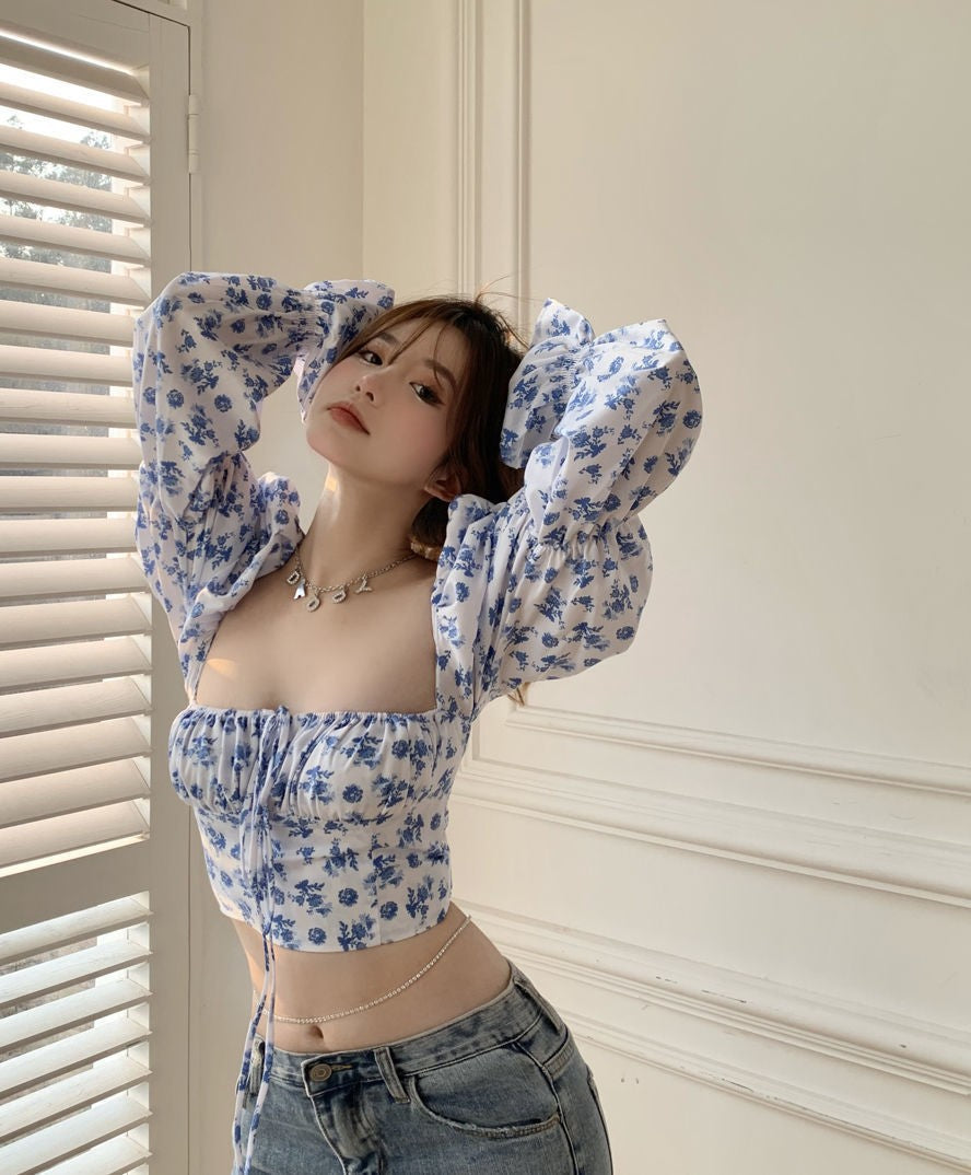 Fragmented Floral Chiffon V-Neck Top with Bubble Sleeves | ULZZANG BELLA