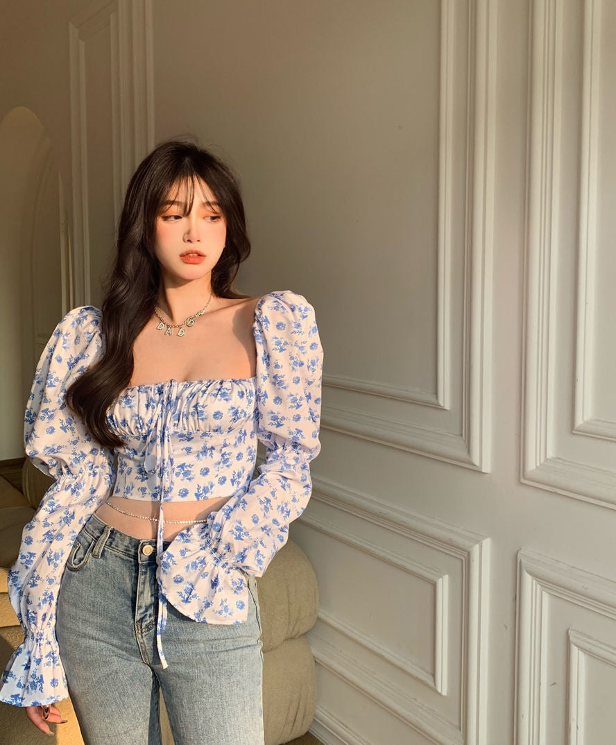 Fragmented Floral Chiffon V-Neck Top with Bubble Sleeves | ULZZANG BELLA