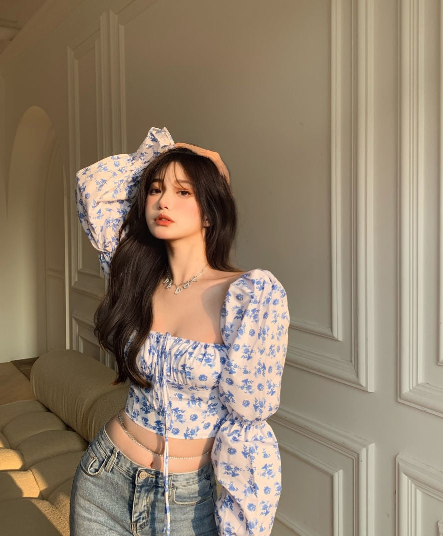 Fragmented Floral Chiffon V-Neck Top with Bubble Sleeves | ULZZANG BELLA