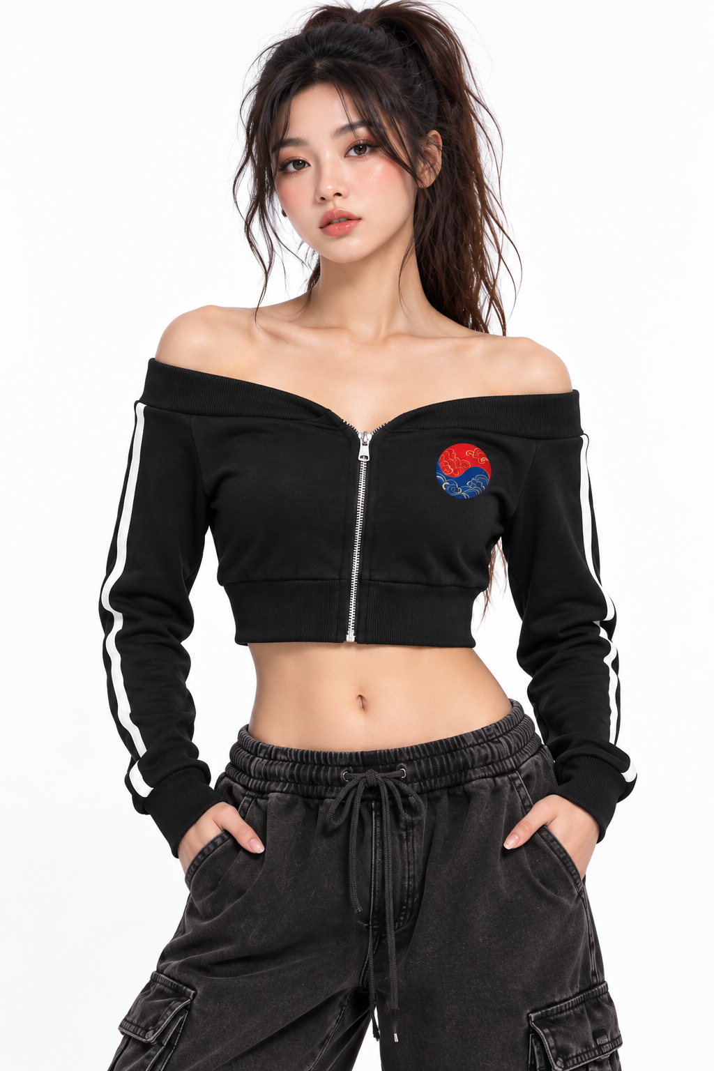 Korean Tiger Off-Shoulder Cropped Zip Hoodie | ULZZANG BELLA
