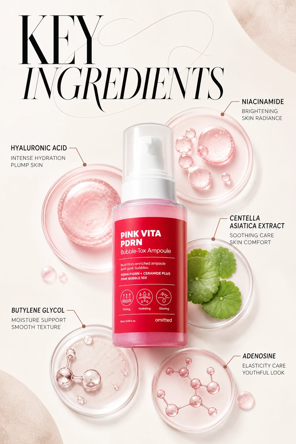 Pink Vita PDRN Bubble-Tox Ampoule 90ml | Omitted | Omitted Pink Vita PDRN Bubble-Tox Serum, Artisanal Luxury Hydration