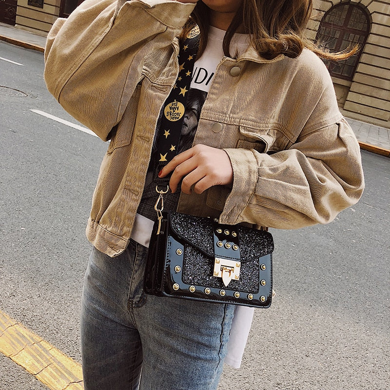 Sequin Rivet Embellished Patent Leather Crossbody Bag | ULZZANG BELLA