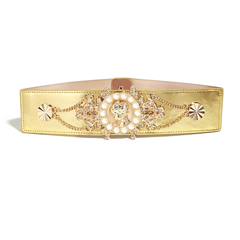 Golden Pearl Embellished Wide Waist Belt for Women | ULZZANG BELLA