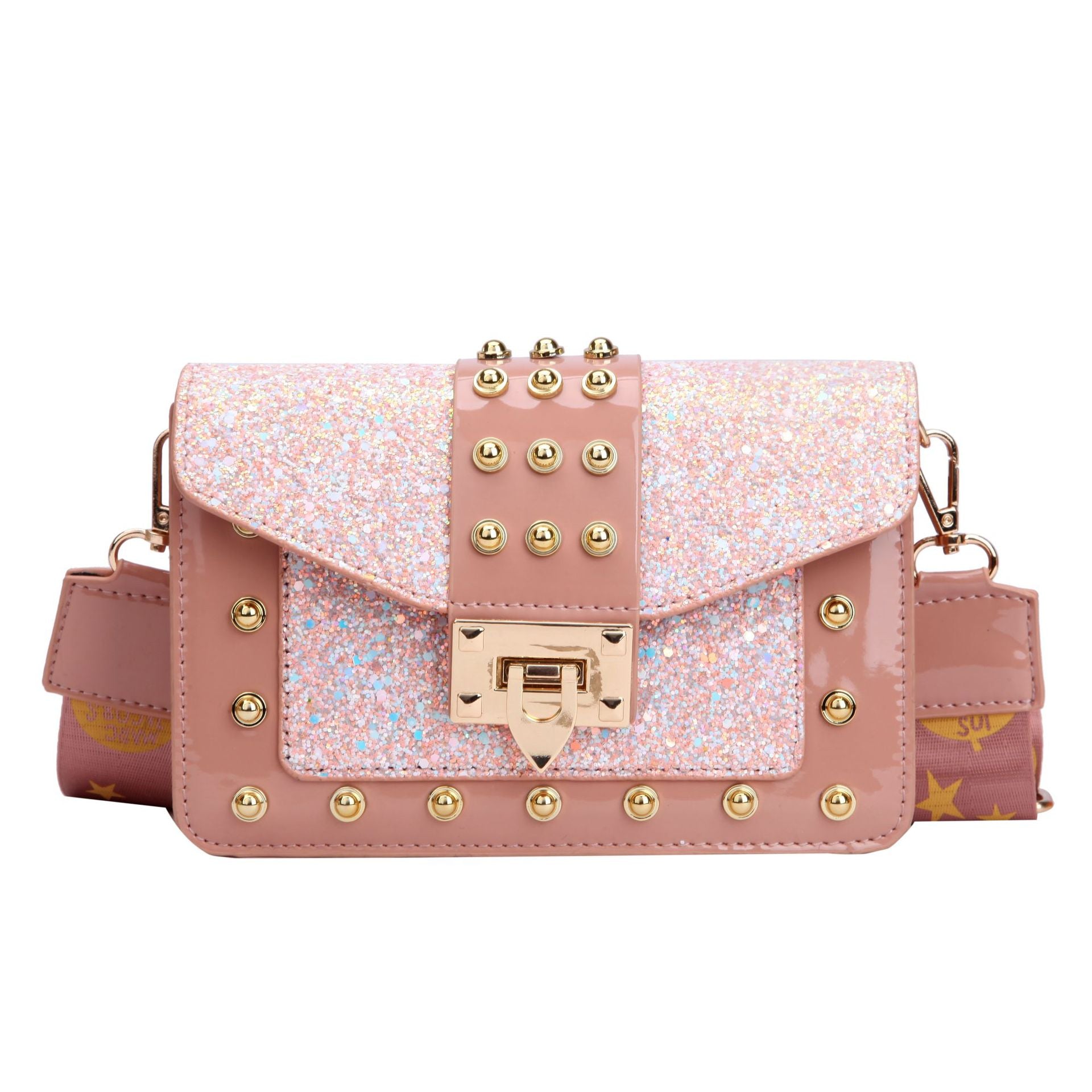 Sequin Rivet Embellished Patent Leather Crossbody Bag | ULZZANG BELLA