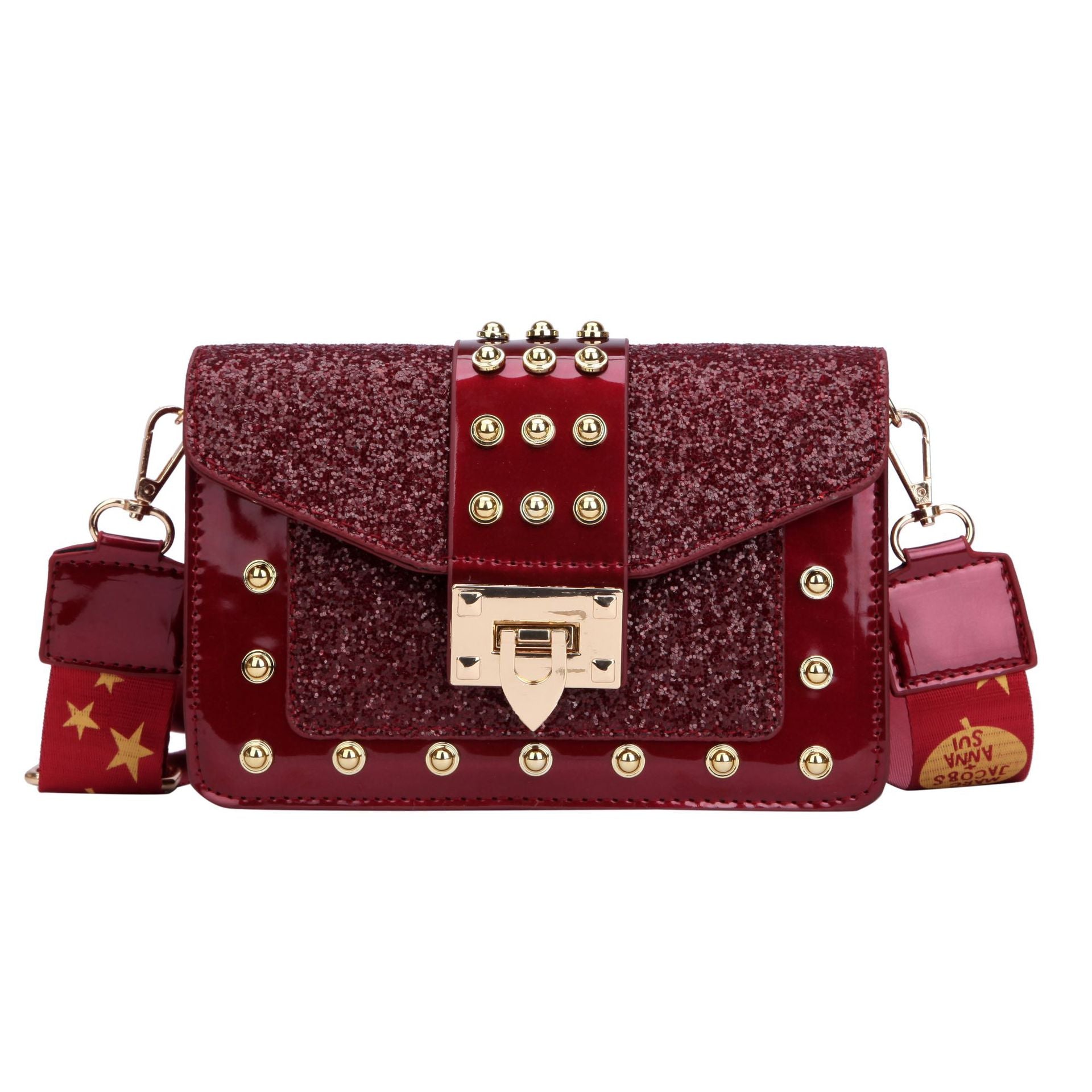 Sequin Rivet Embellished Patent Leather Crossbody Bag | ULZZANG BELLA