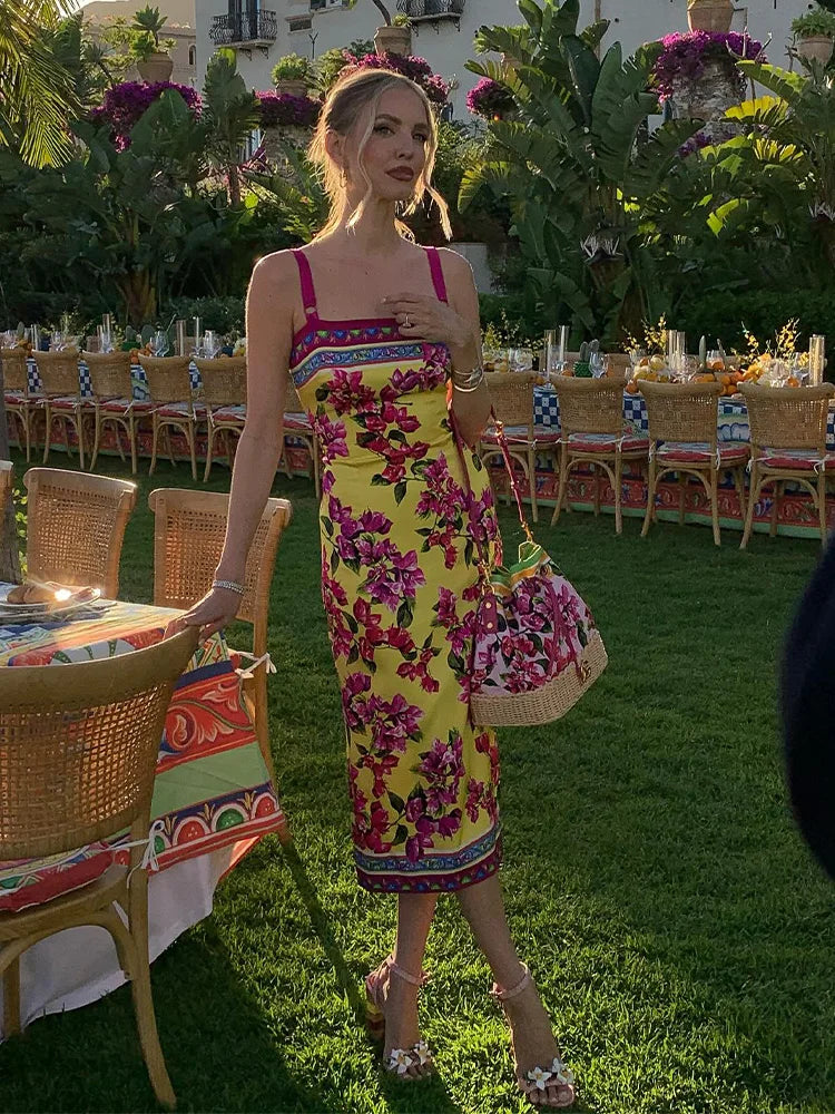 Floral Print Midi Dress with Slash Neck and Spaghetti Straps | ULZZANG BELLA