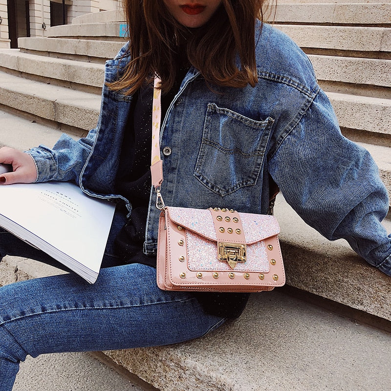 Sequin Rivet Embellished Patent Leather Crossbody Bag | ULZZANG BELLA