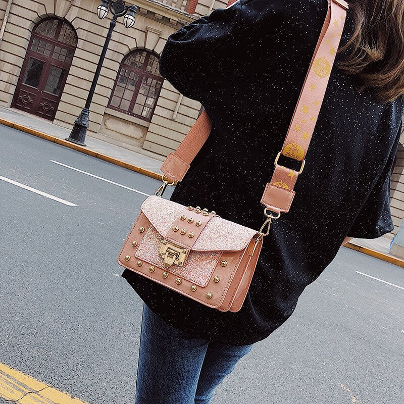 Sequin Rivet Embellished Patent Leather Crossbody Bag | ULZZANG BELLA