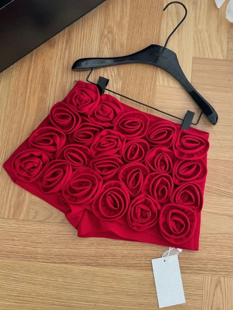 Rosalie 3D Rose Appliqué High-Waist Shorts | ULZZANG BELLA