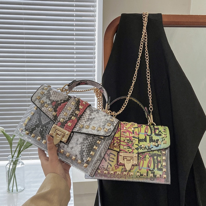 Graffiti Rivets PVC Crossbody Messenger Handbag for Women | ULZZANG BELLA