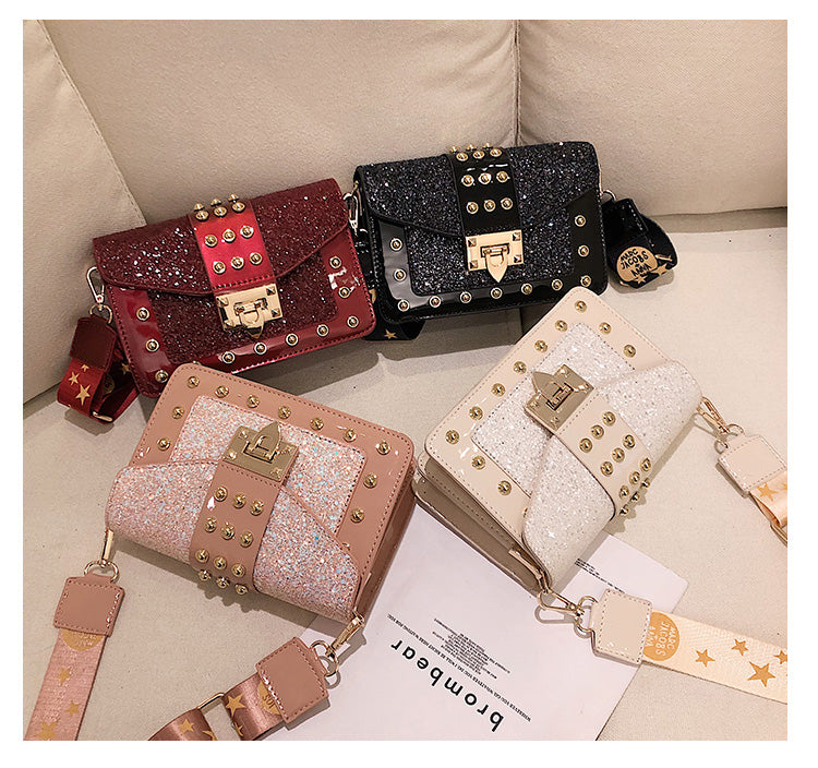 Sequin Rivet Embellished Patent Leather Crossbody Bag | ULZZANG BELLA