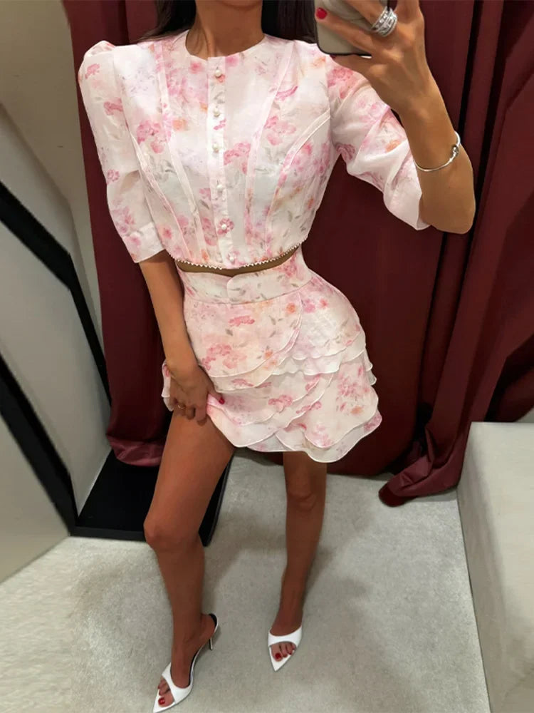 Lisette Floral-Print Puff-Sleeve Crop Top and Ruffle Mini Skirt Set | ULZZANG BELLA