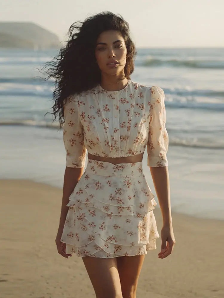 Lisette Floral-Print Puff-Sleeve Crop Top and Ruffle Mini Skirt Set | ULZZANG BELLA