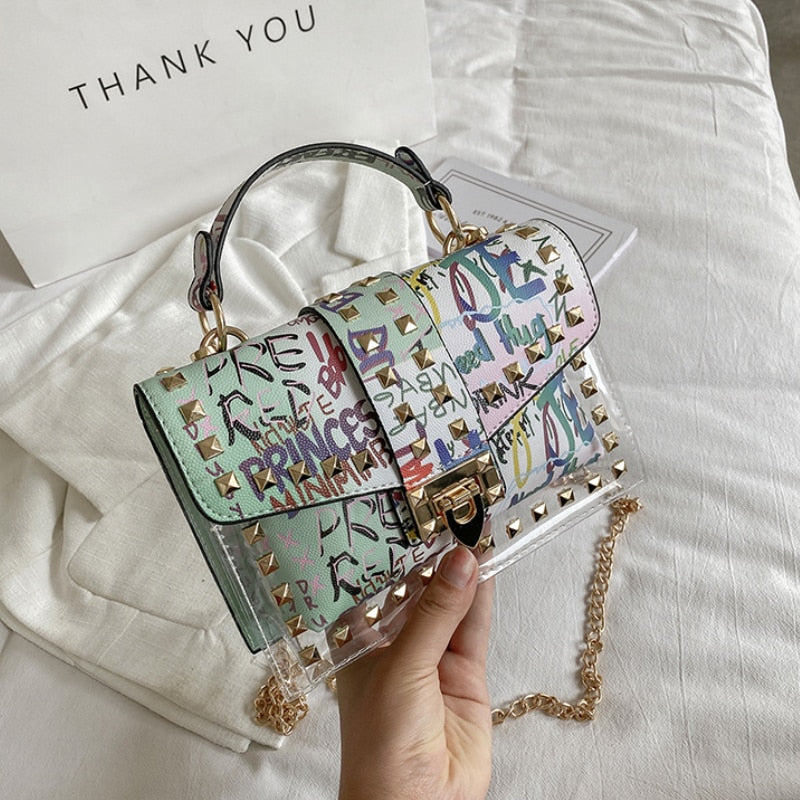 Graffiti Rivets PVC Crossbody Messenger Handbag for Women | ULZZANG BELLA
