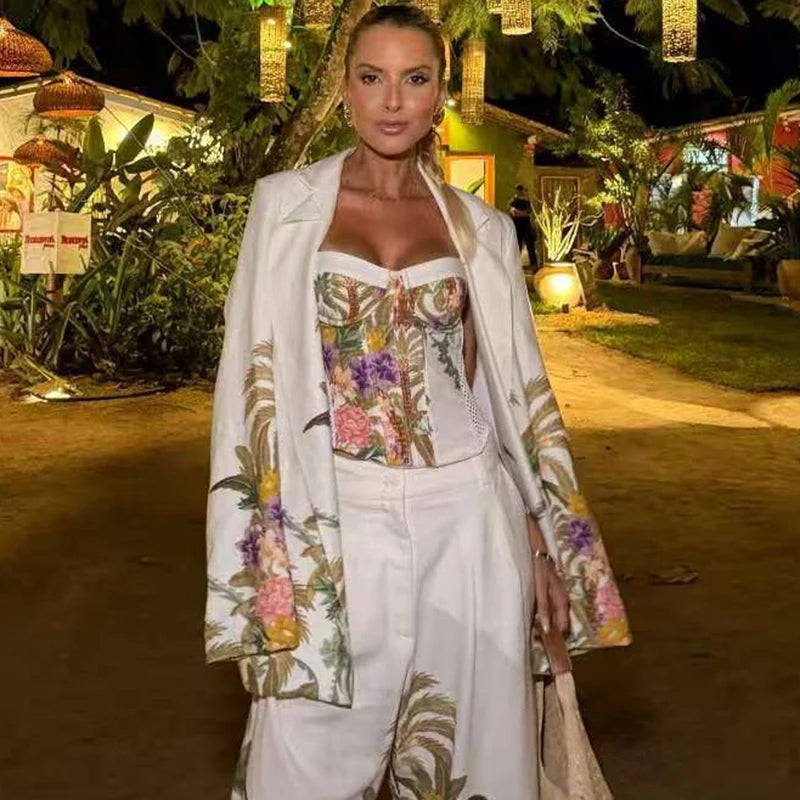 Ottavia Floral-Print Blazer, Corset Top and Wide-Leg Pants Set | ULZZANG BELLA