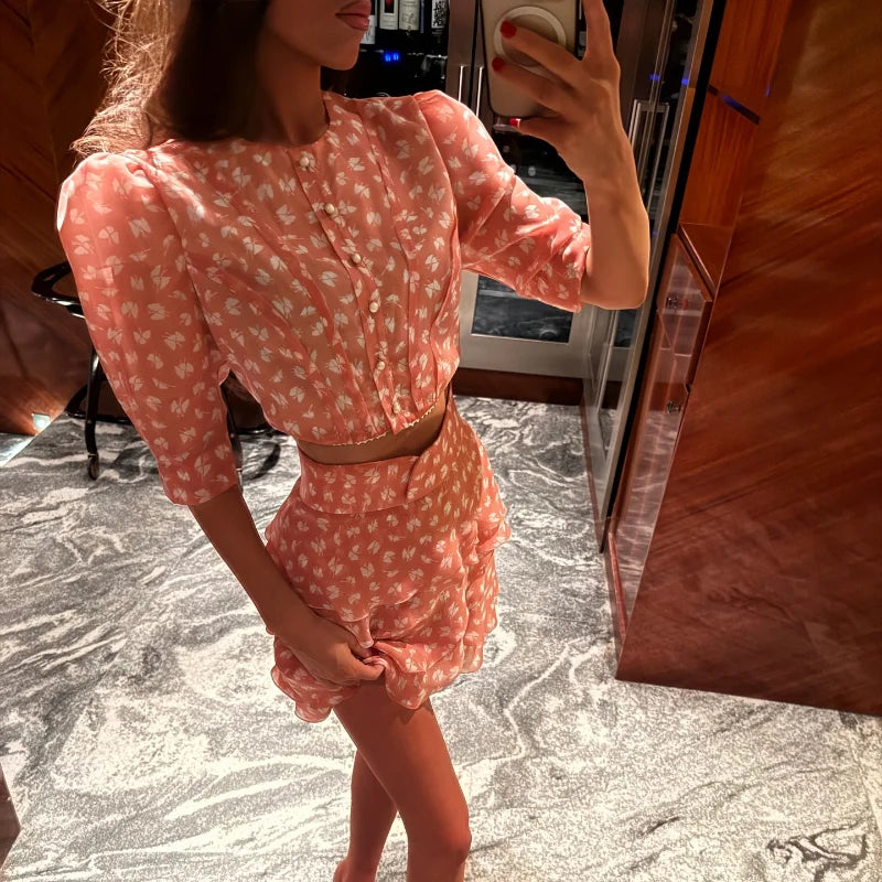 Lisette Floral-Print Puff-Sleeve Crop Top and Ruffle Mini Skirt Set | ULZZANG BELLA