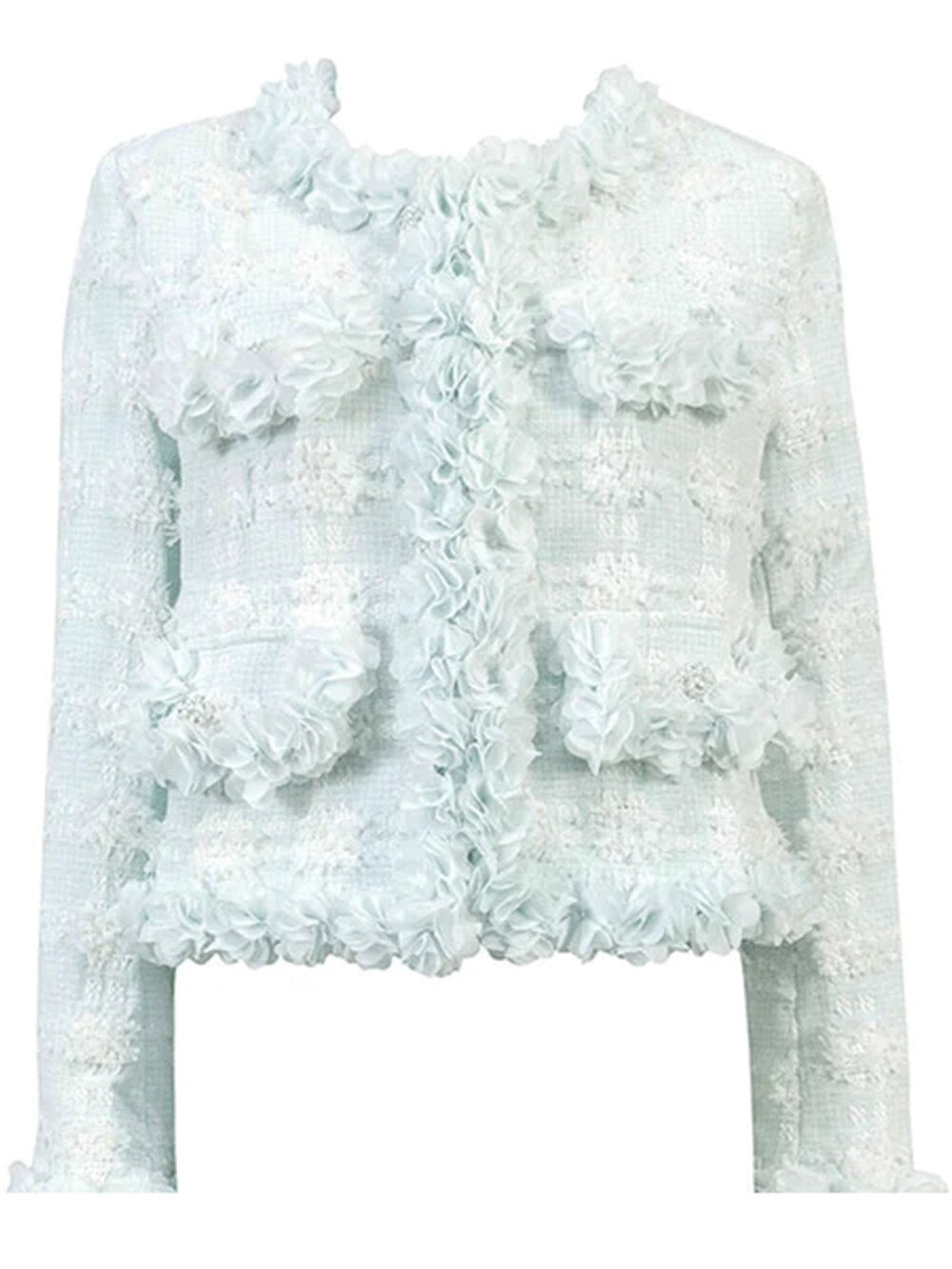 Elegant Blue Pearl Button Tweed Jacket for Women | ULZZANG BELLA