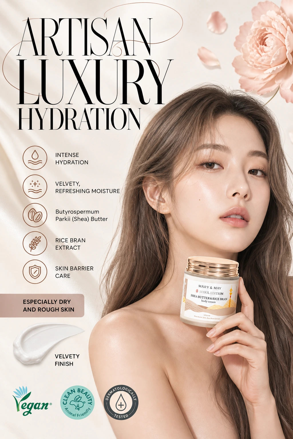 Shea Butter & Rice Bran Body Cream 250ml | Mary&May | Mary&May Shea Butter Body Cream – Artisan Luxury Hydration