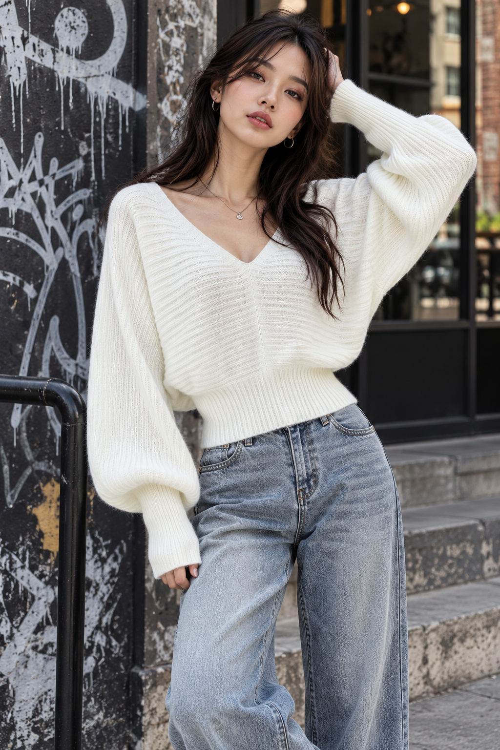Sweetheart V-Neck Ribbed Knit Sweater | ULZZANG BELLA