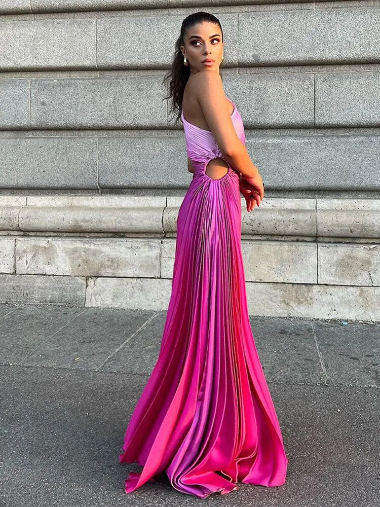 Alluring Pleated Diagonal Collar Maxi Evening Dress for Women | ULZZANG BELLA