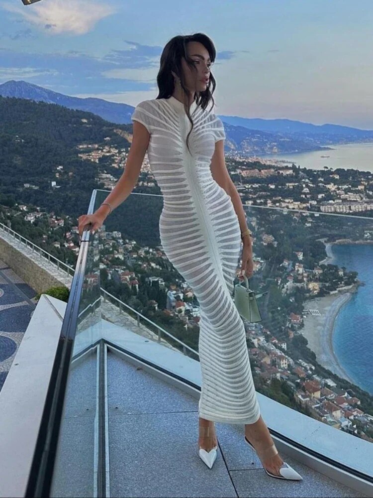 White Elegant Bodycon Knitted Maxi Dress for Women | ULZZANG BELLA