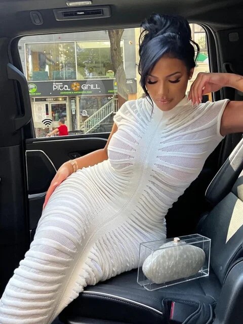 White Elegant Bodycon Knitted Maxi Dress for Women | ULZZANG BELLA