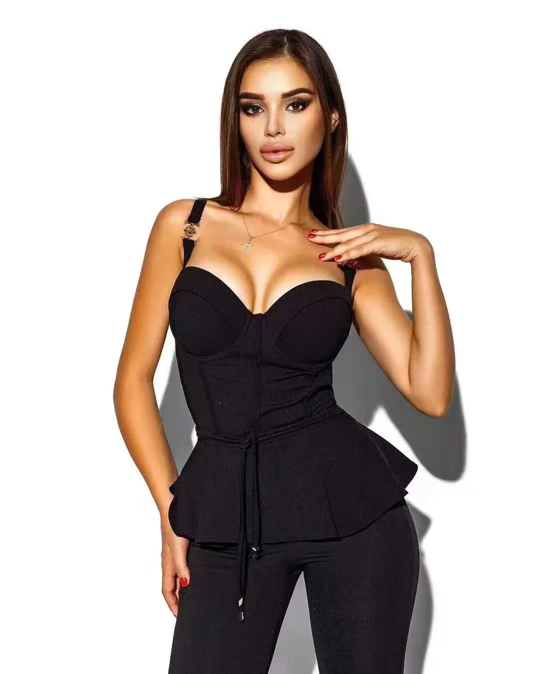 Chic Rayon Bandage Ruffle Top and High Waist Pencil Pants for Women | ULZZANG BELLA