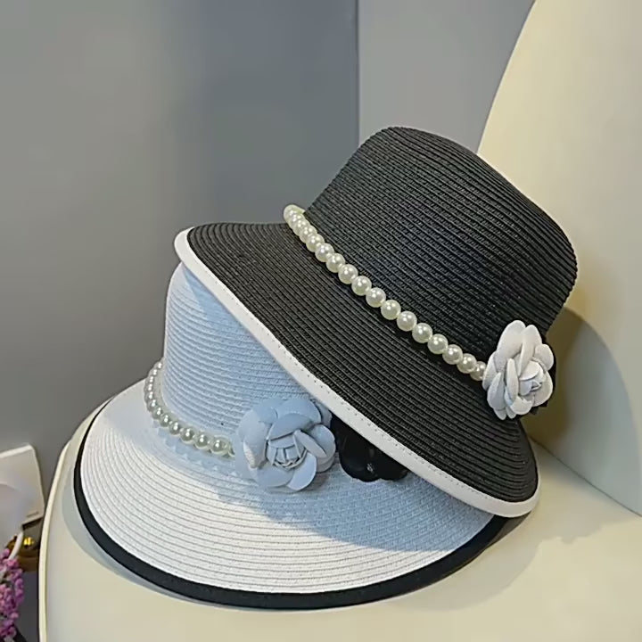 Elegant Pearl Embellished French Retro Straw Hat for Women | ULZZANG BELLA