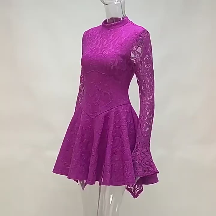 Elegant Purple Lace A-Line Backless Dress for Women | ULZZANG BELLA