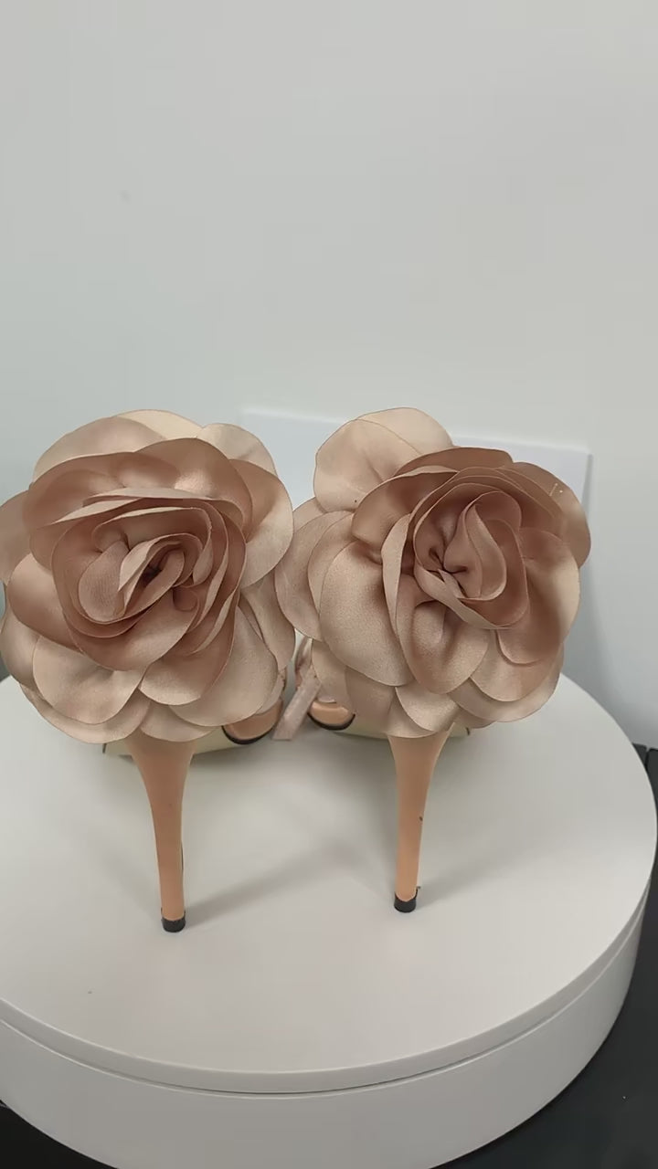 Satin Flower Sheepskin High Heel Sandals for Women | ULZZANG BELLA