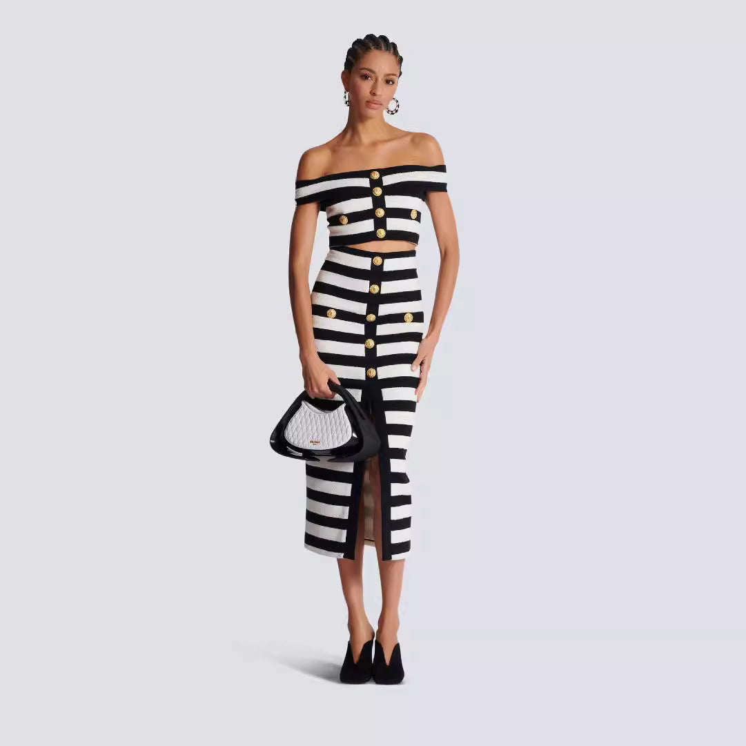 ULZZANG BELLA Zebra Pattern Off Shoulder Bandage Skirt Set Couture