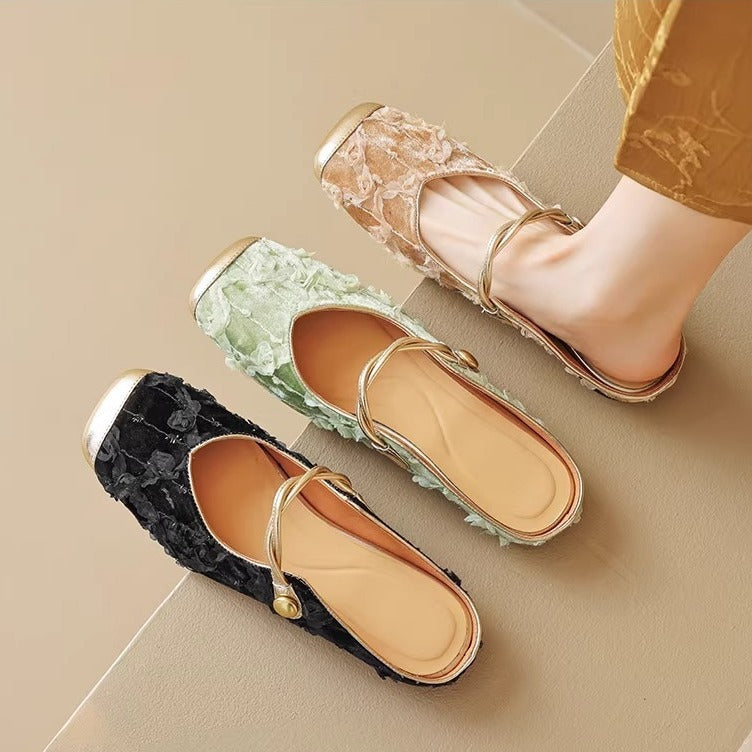 Indulge in Elegance: Retro Chinese Style Suede Half Slippers with Velcro Closure | ULZZANG BELLA